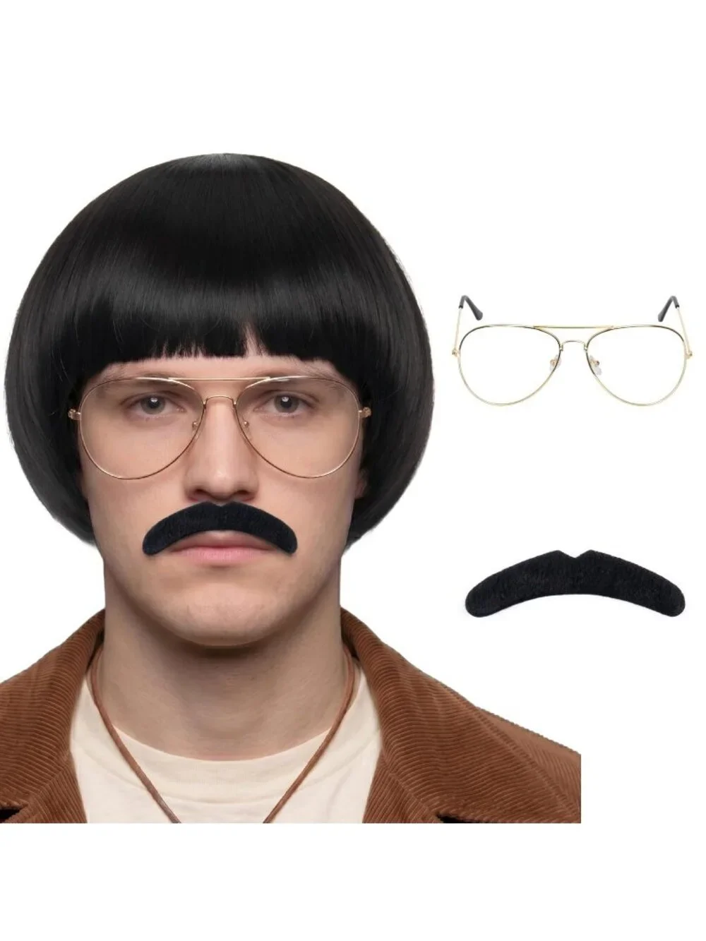 Mens Dark Retro Bowl Cut Straight Synthetic Classic Mushroom Hairpiece Bangs Wig
